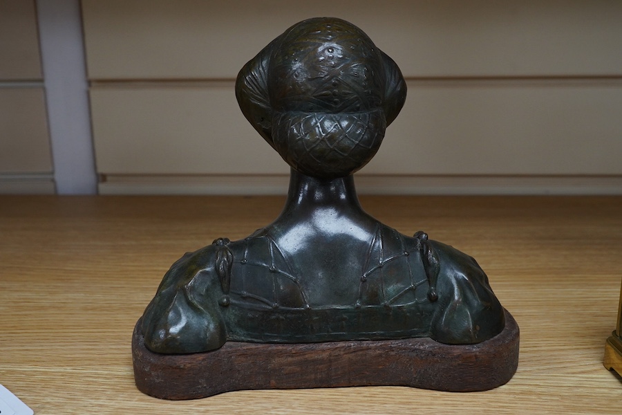 A Renaissance revival bronze bust of a lady, raised on shaped wooden base, signed J. V. Badin, 19.5cm high. Condition - good